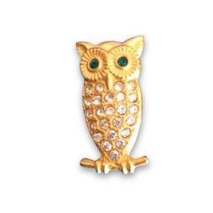1980s Vintage Owl Brooch – Gold Tone with Rhinestones